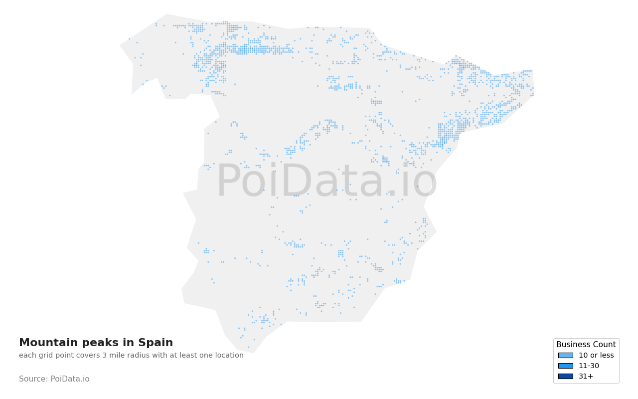 Mountain peak density map for Spain