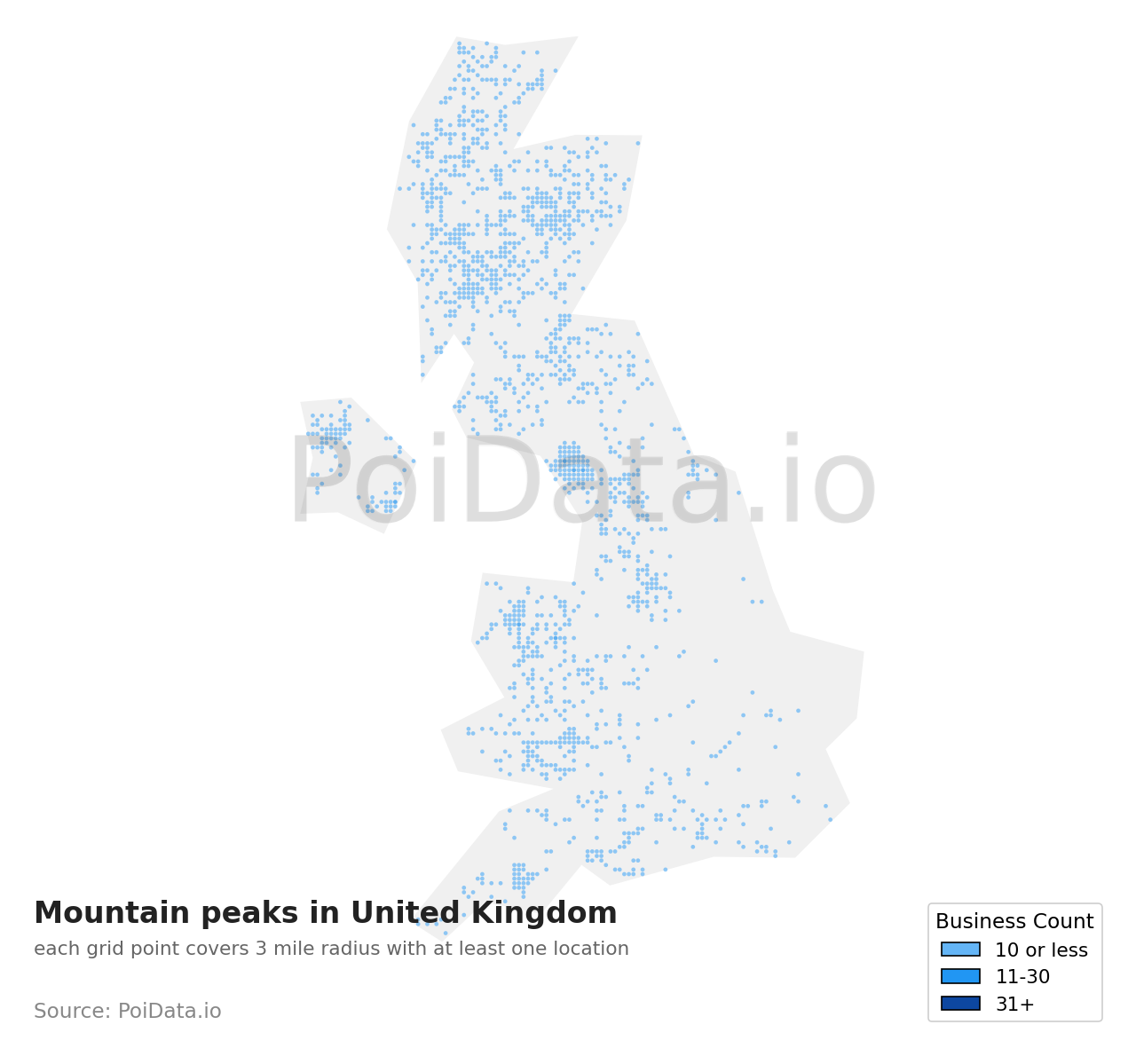 Mountain peak density map for United Kingdom