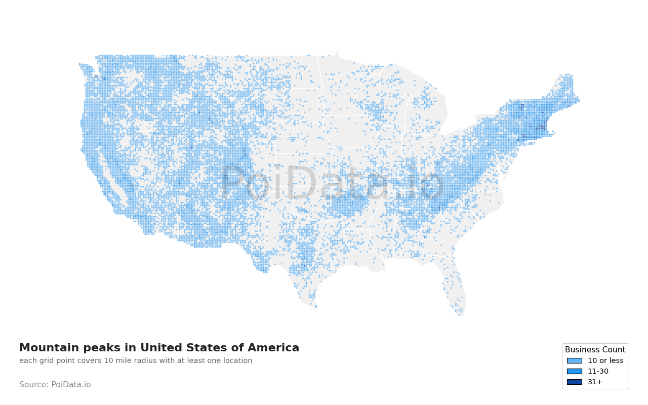 Mountain peak density map for United States