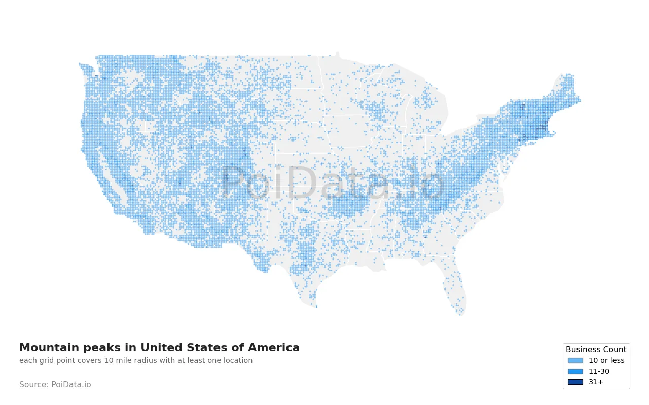 Mountain peak density map for United States