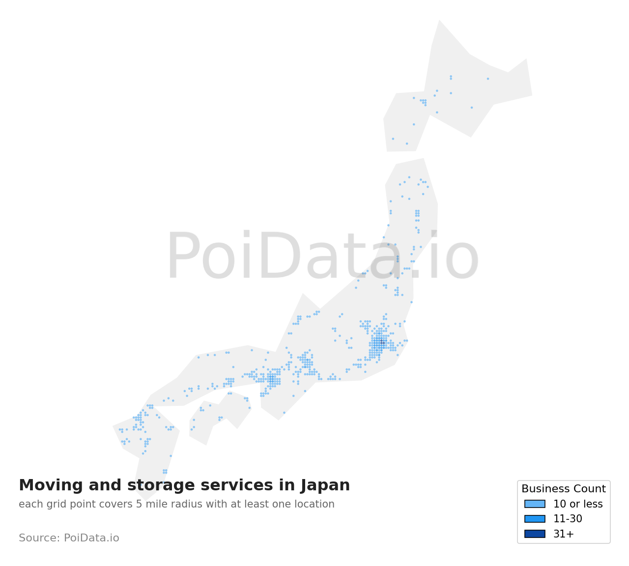 Moving and storage service density map for Japan