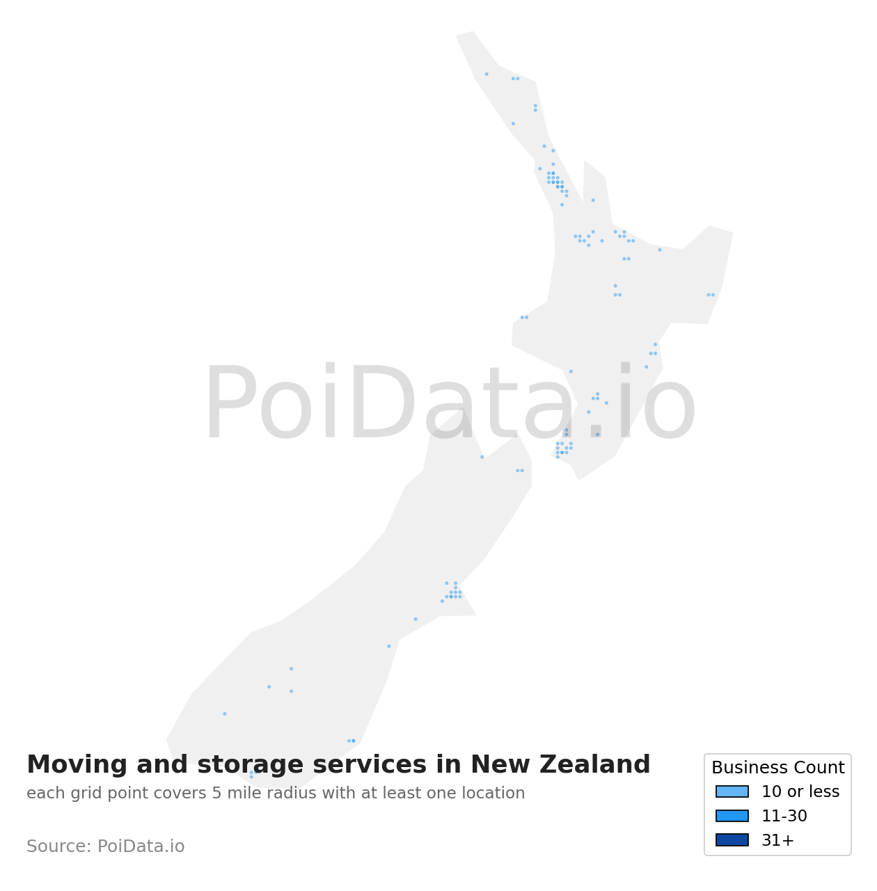 Moving and storage service density map for New Zealand