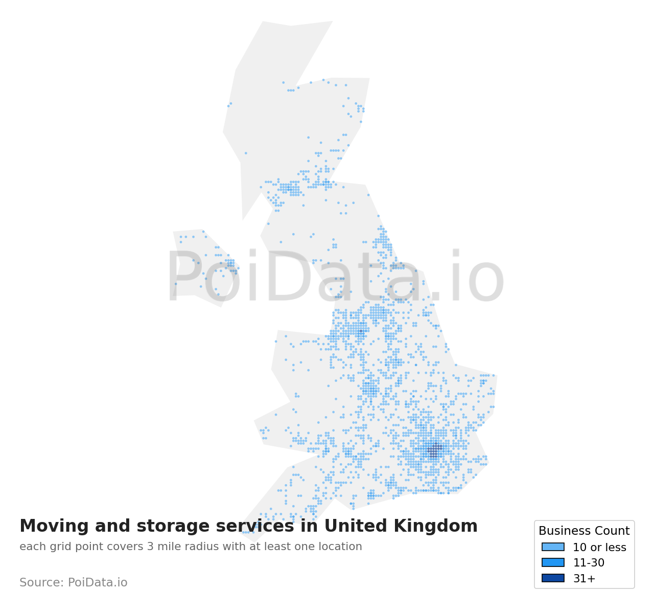 Moving and storage service density map for United Kingdom