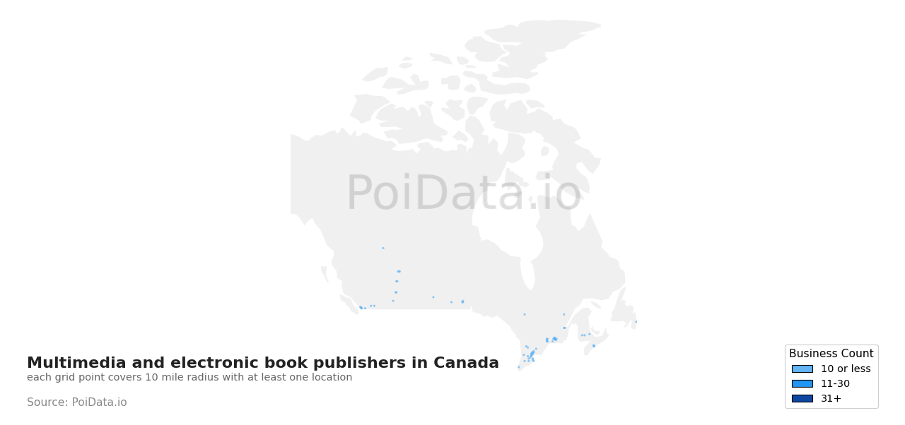 Multimedia and electronic book publisher density map for Manitoba, Canada