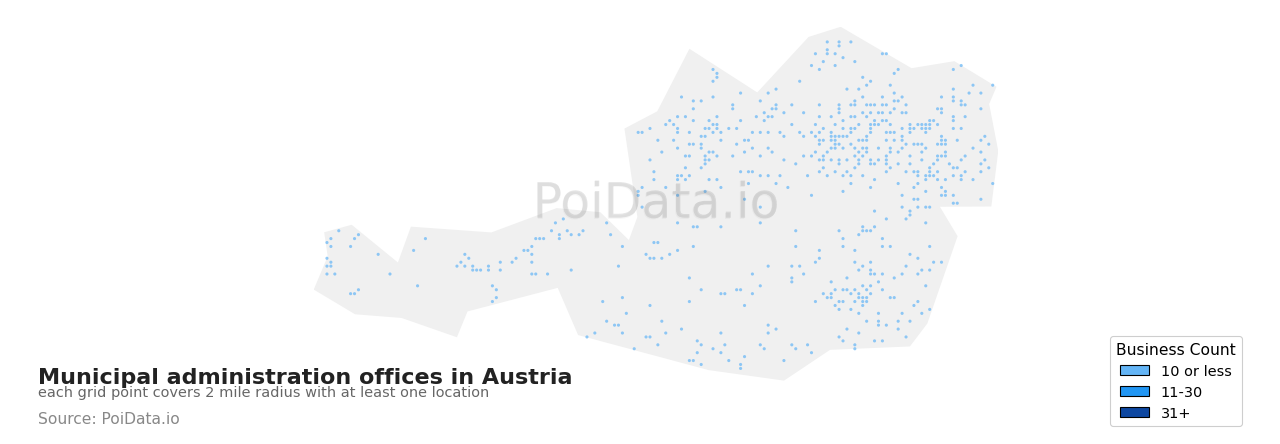 Municipal administration office density map for Austria