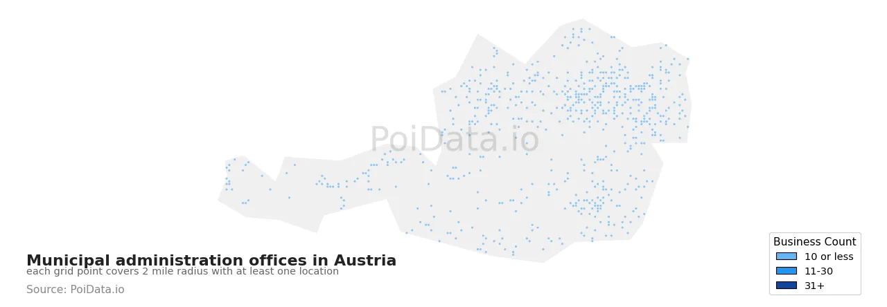 Municipal administration office density map for Austria