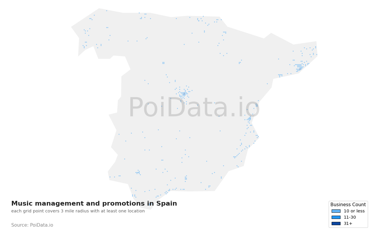 Music management and promotion density map for Spain