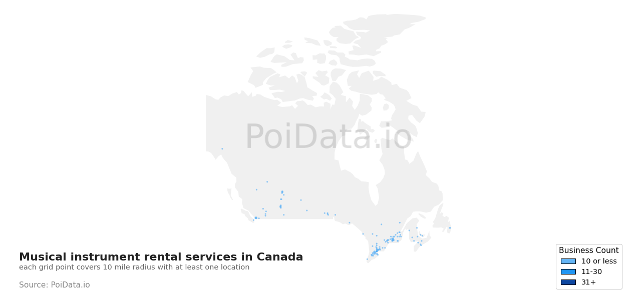 Musical instrument rental service density map for Canada