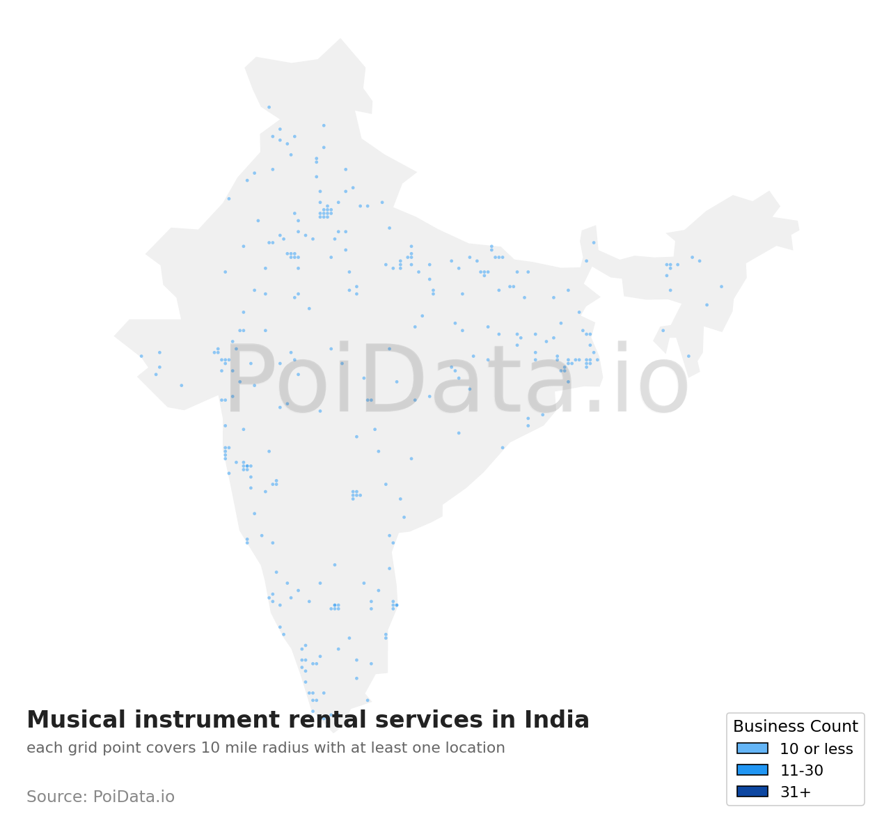 Musical instrument rental service density map for India