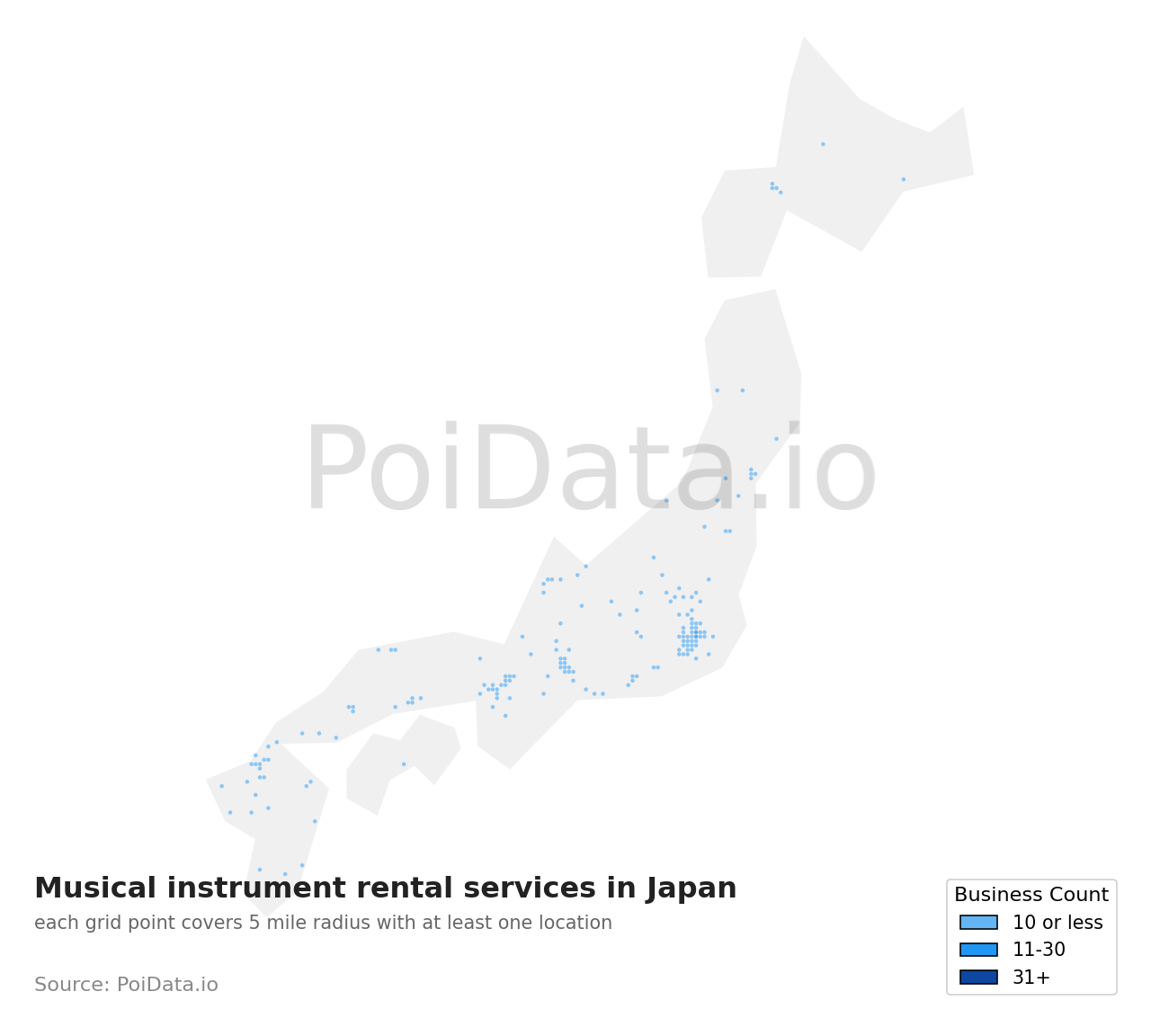 Musical instrument rental service density map for Japan
