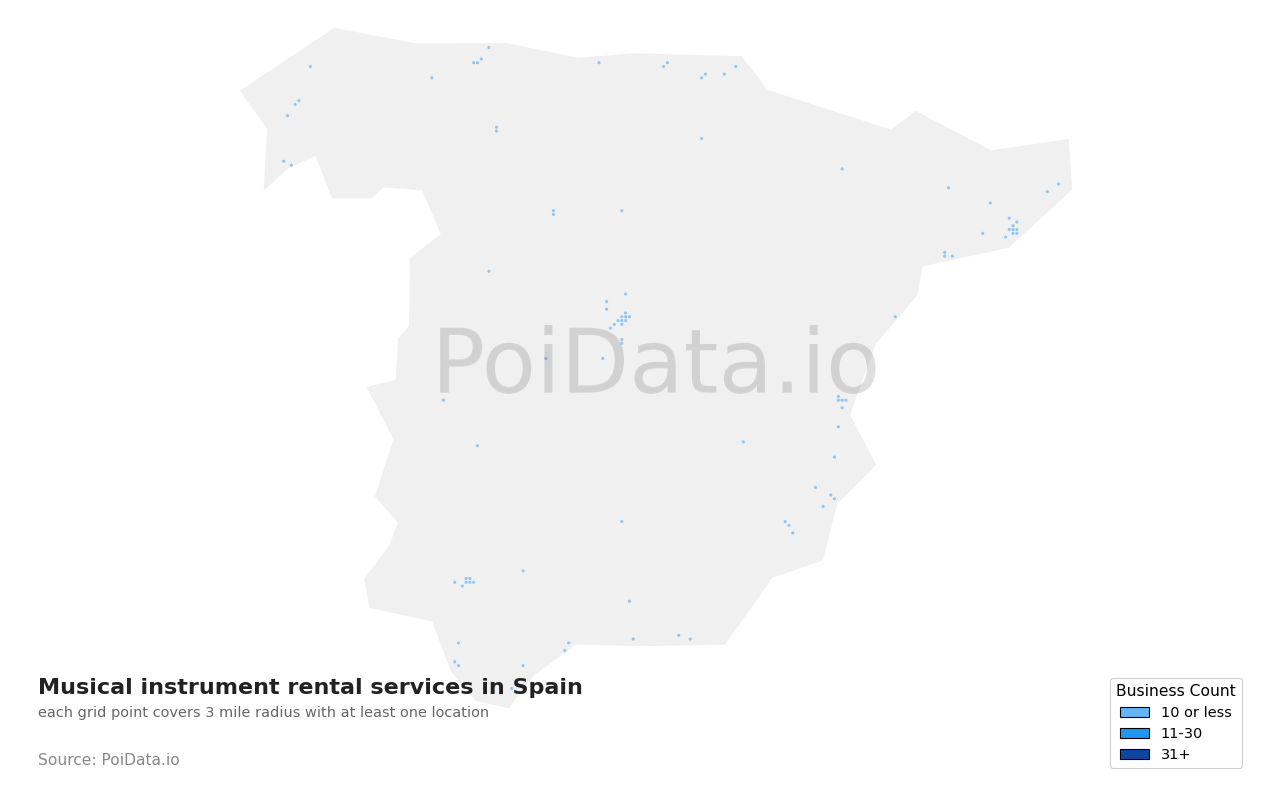 Musical instrument rental service density map for Spain