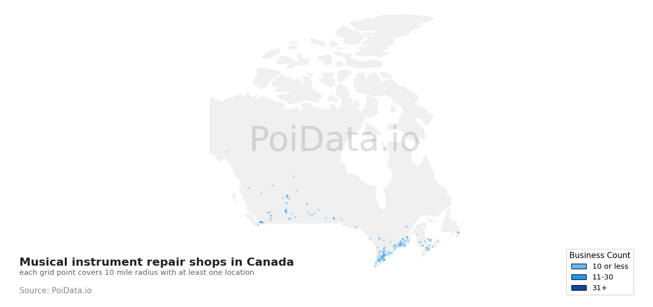 Musical instrument repair shop density map for Canada