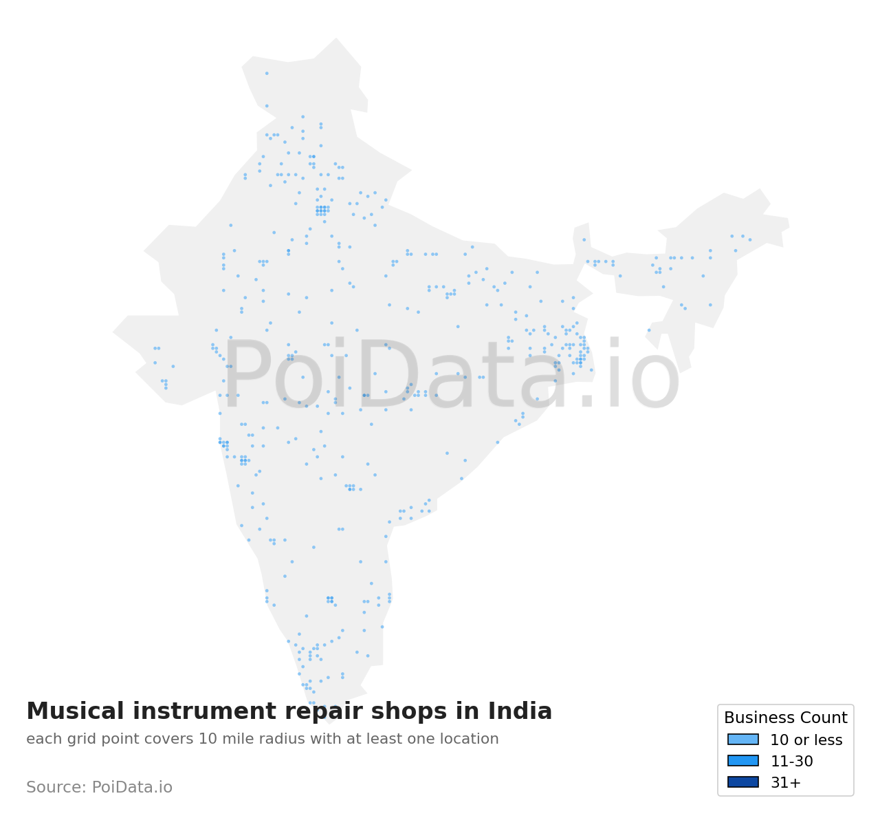 Musical instrument repair shop density map for India