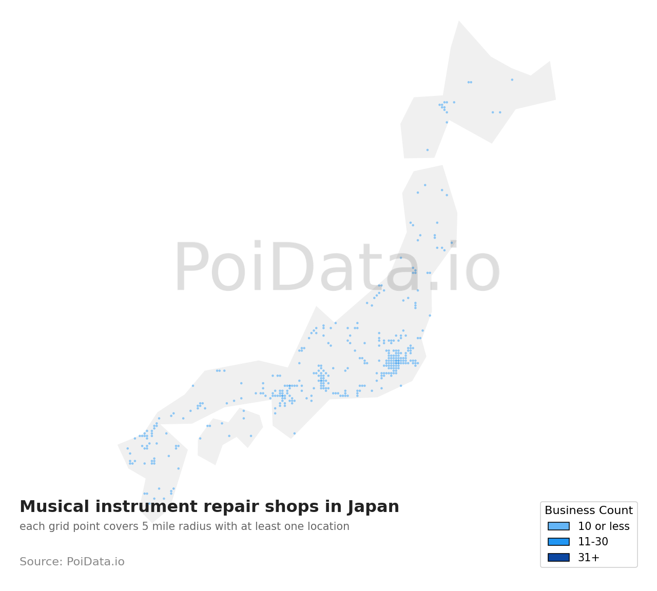 Musical instrument repair shop density map for Japan