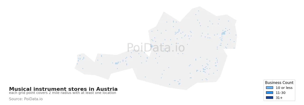 Musical instrument store density map for Austria