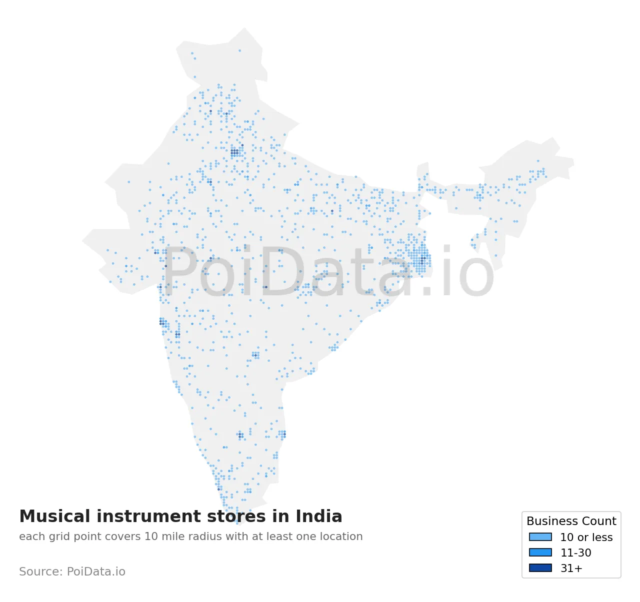 Musical instrument store density map for India