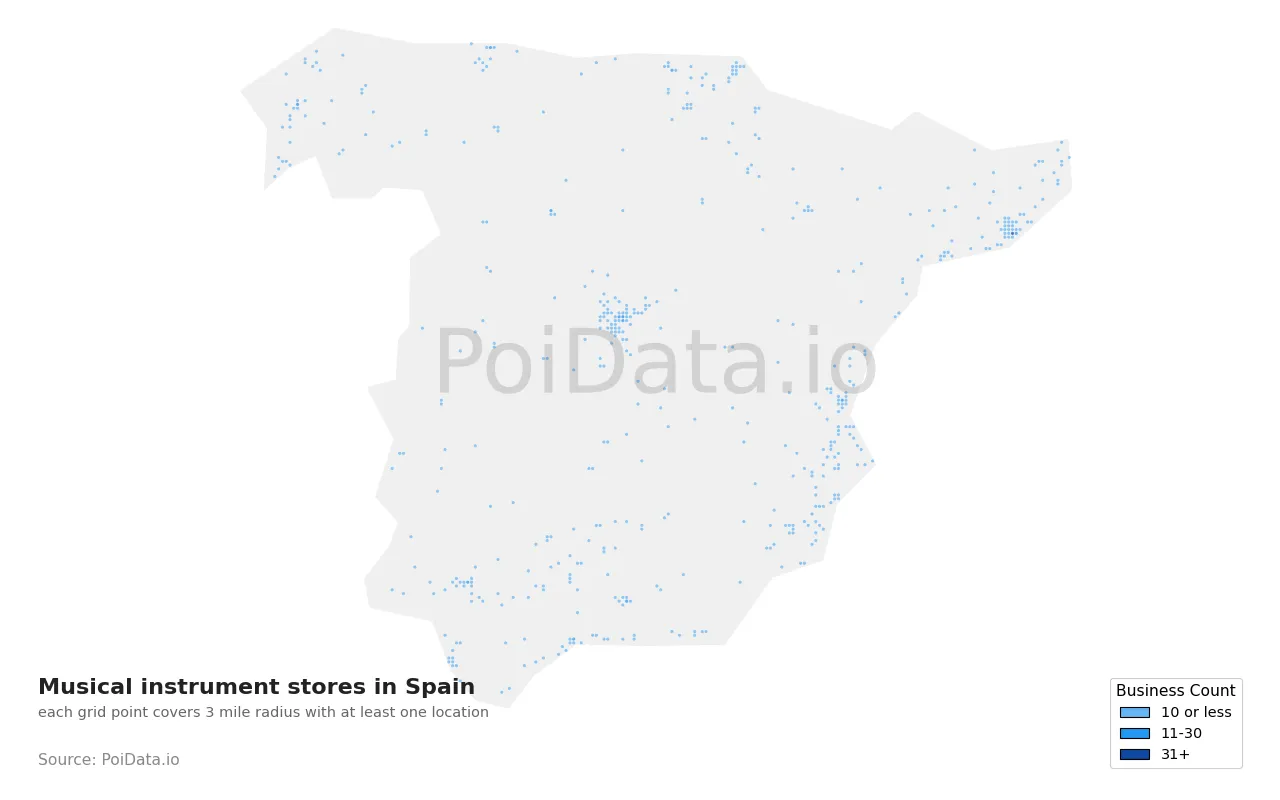 Musical instrument store density map for Spain