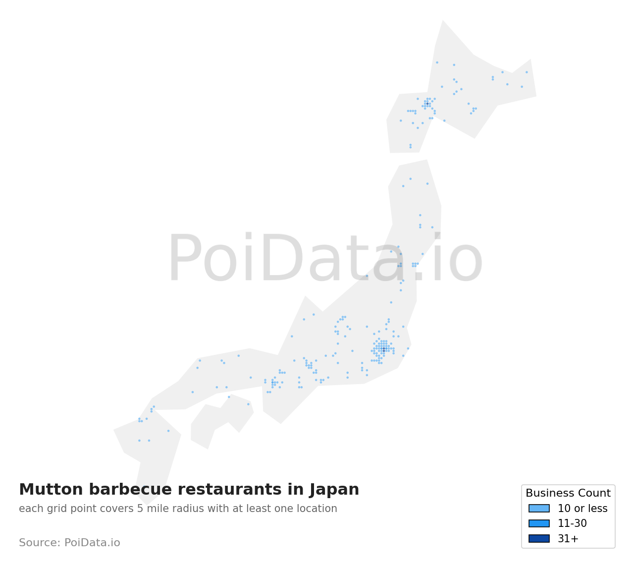 Mutton barbecue restaurant density map for Japan