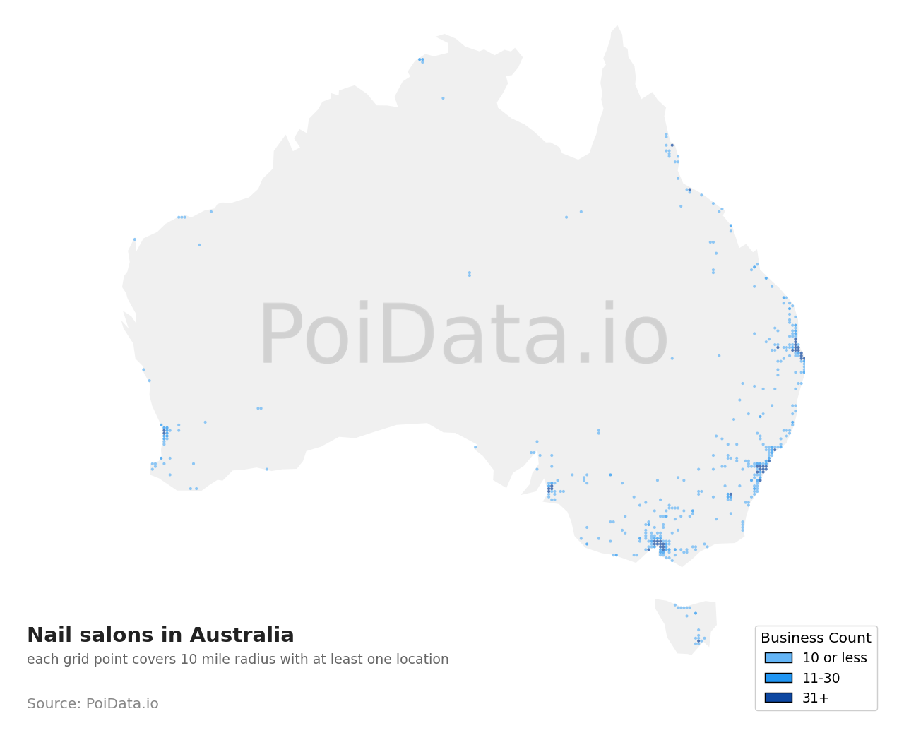 Nail salon density map for Australia