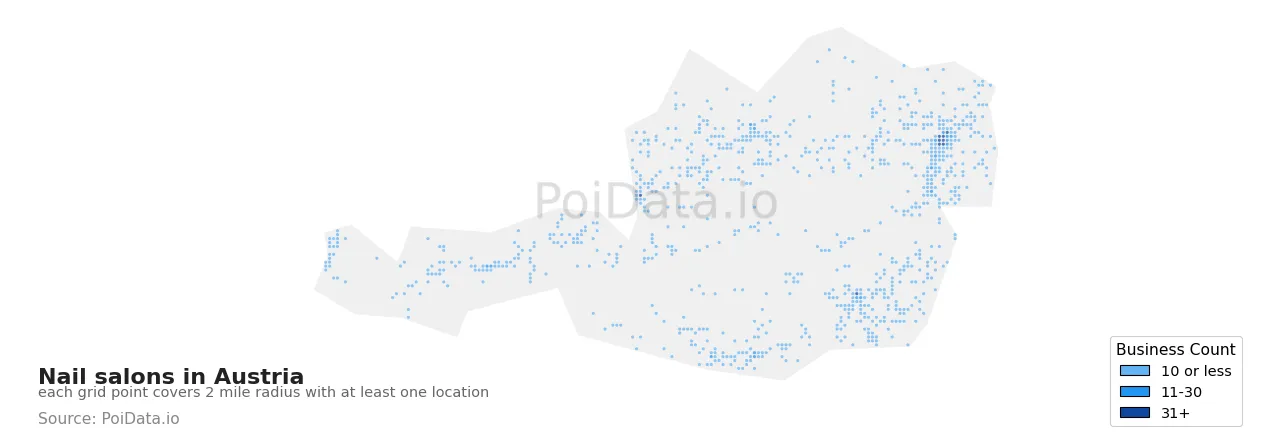Nail salon density map for Austria