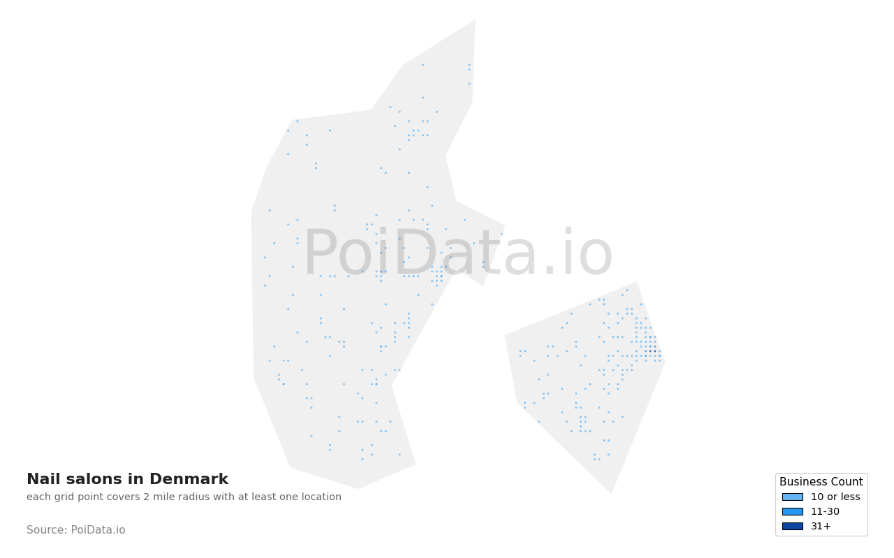 Nail salon density map for Denmark