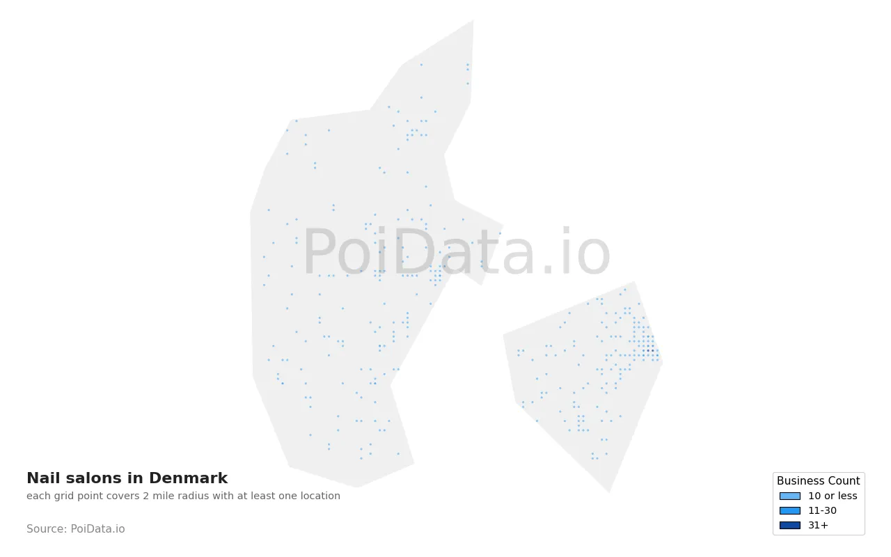Nail salon density map for Denmark