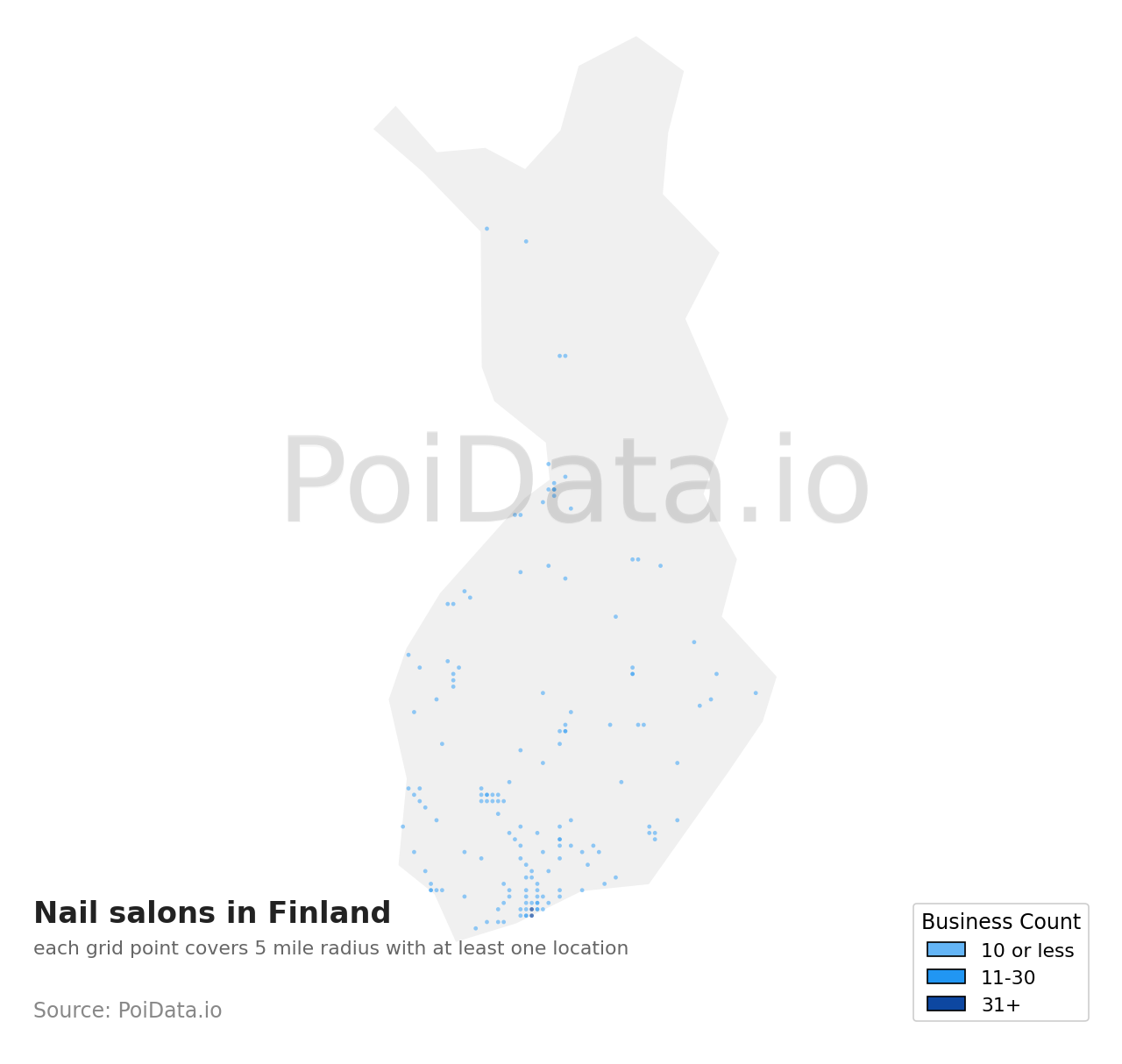 Nail salon density map for Finland