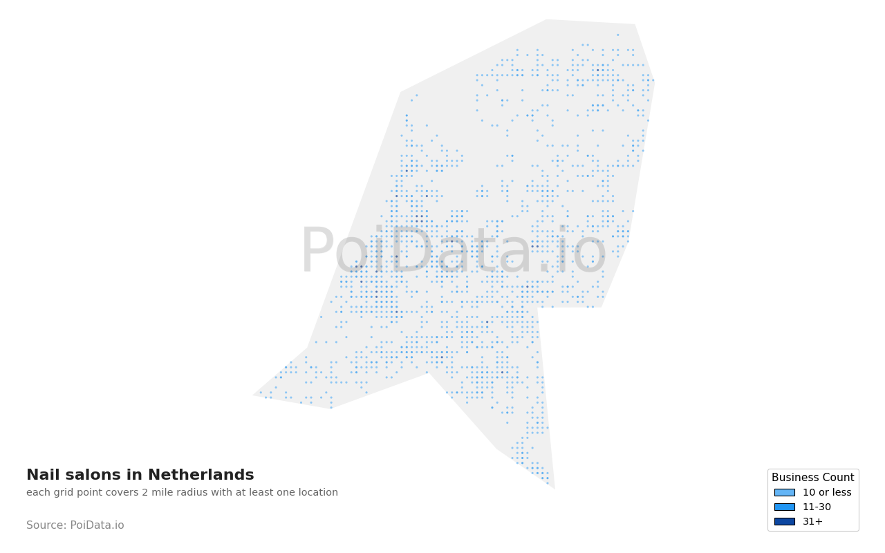 Nail salon density map for Netherlands