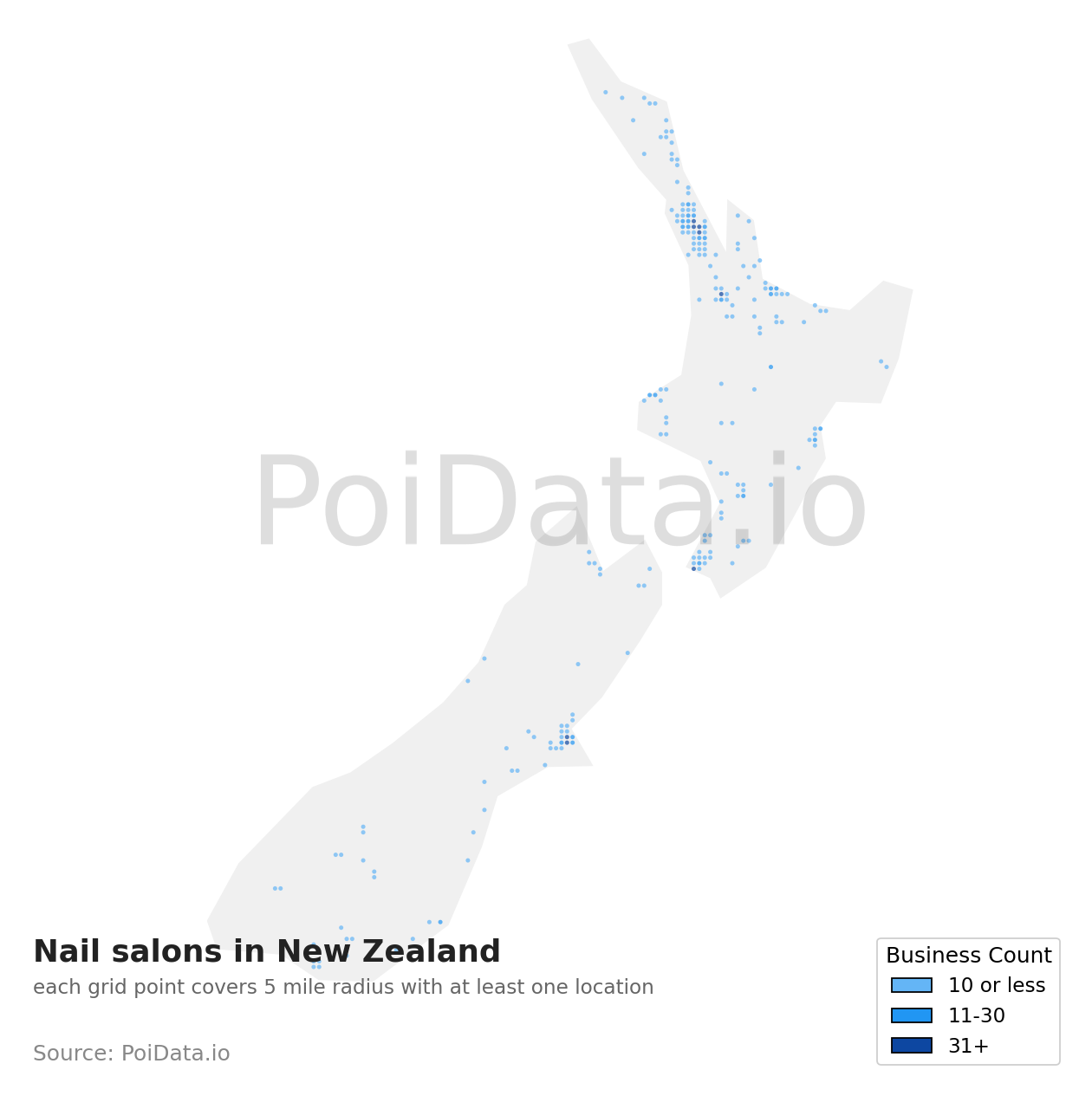 Nail salon density map for New Zealand