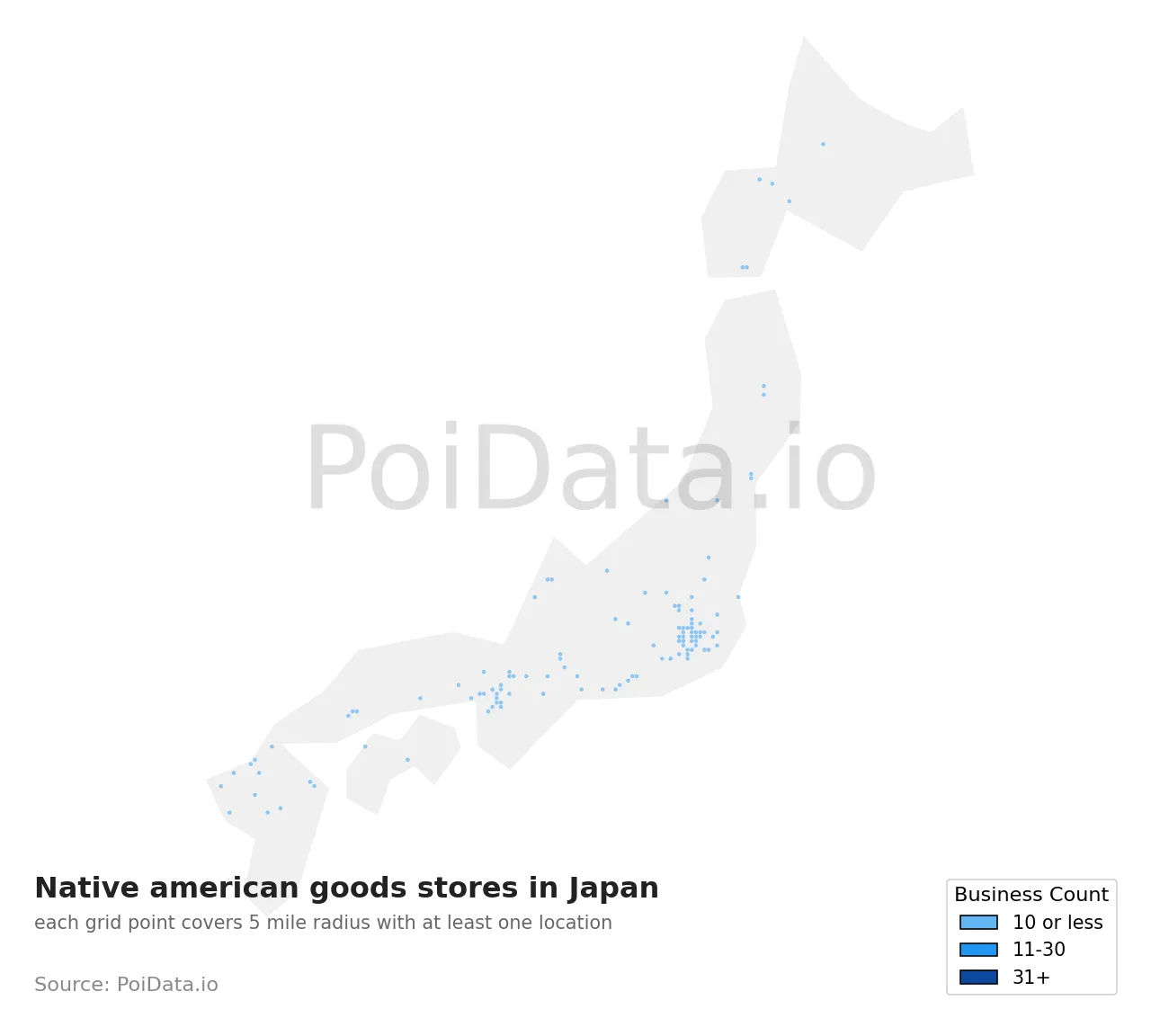 Native american goods store density map for Japan