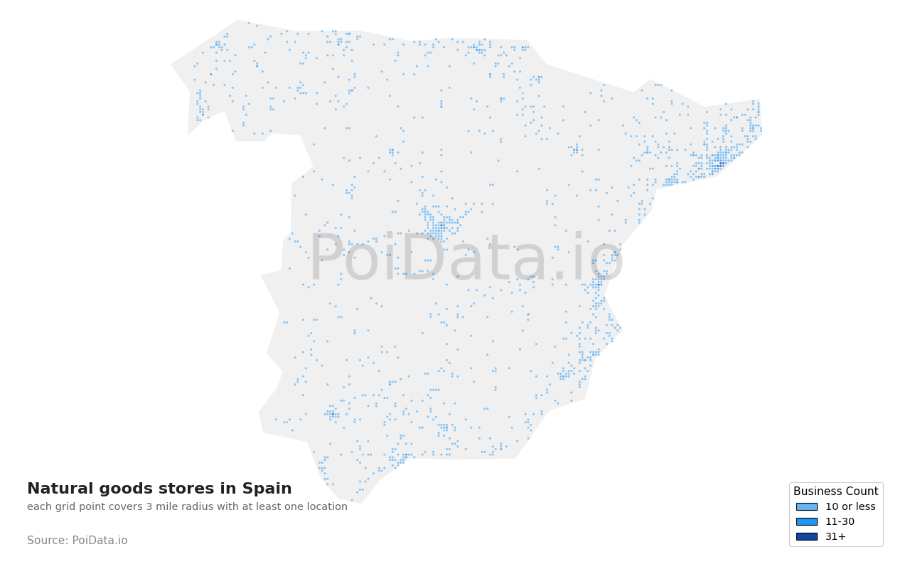Natural goods store density map for Spain