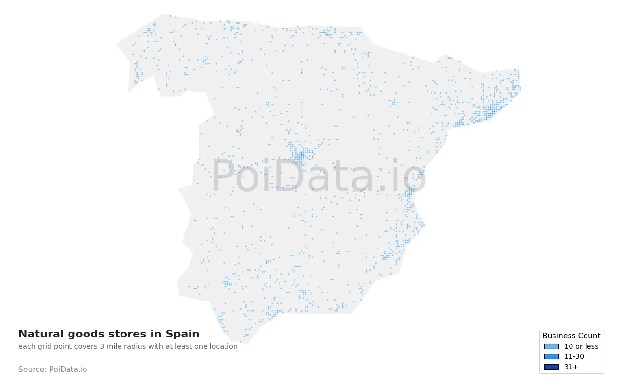 Natural goods store density map for Spain