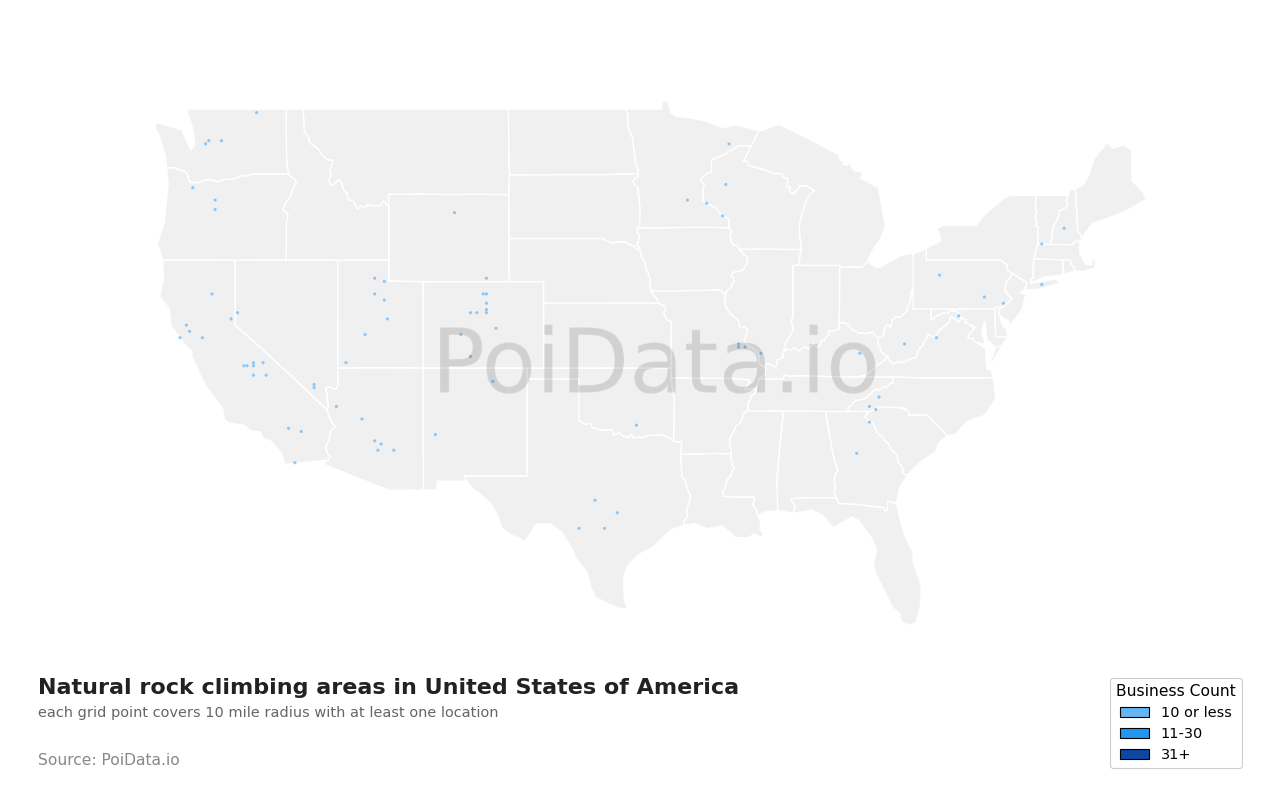 Natural rock climbing area density map for United States