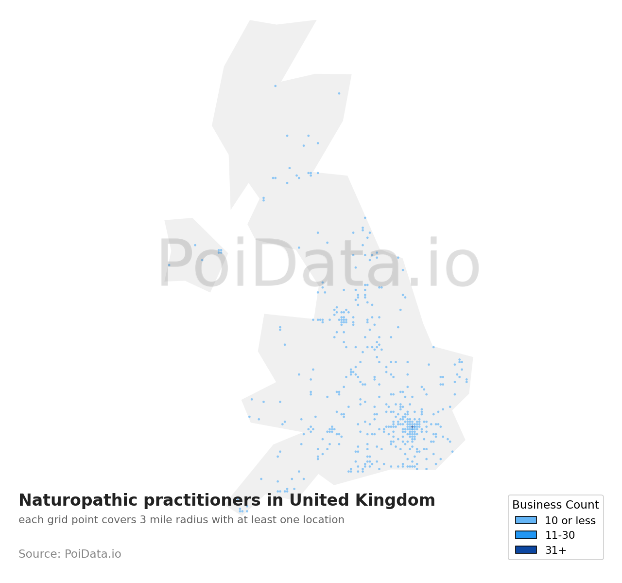 Naturopathic practitioner density map for United Kingdom