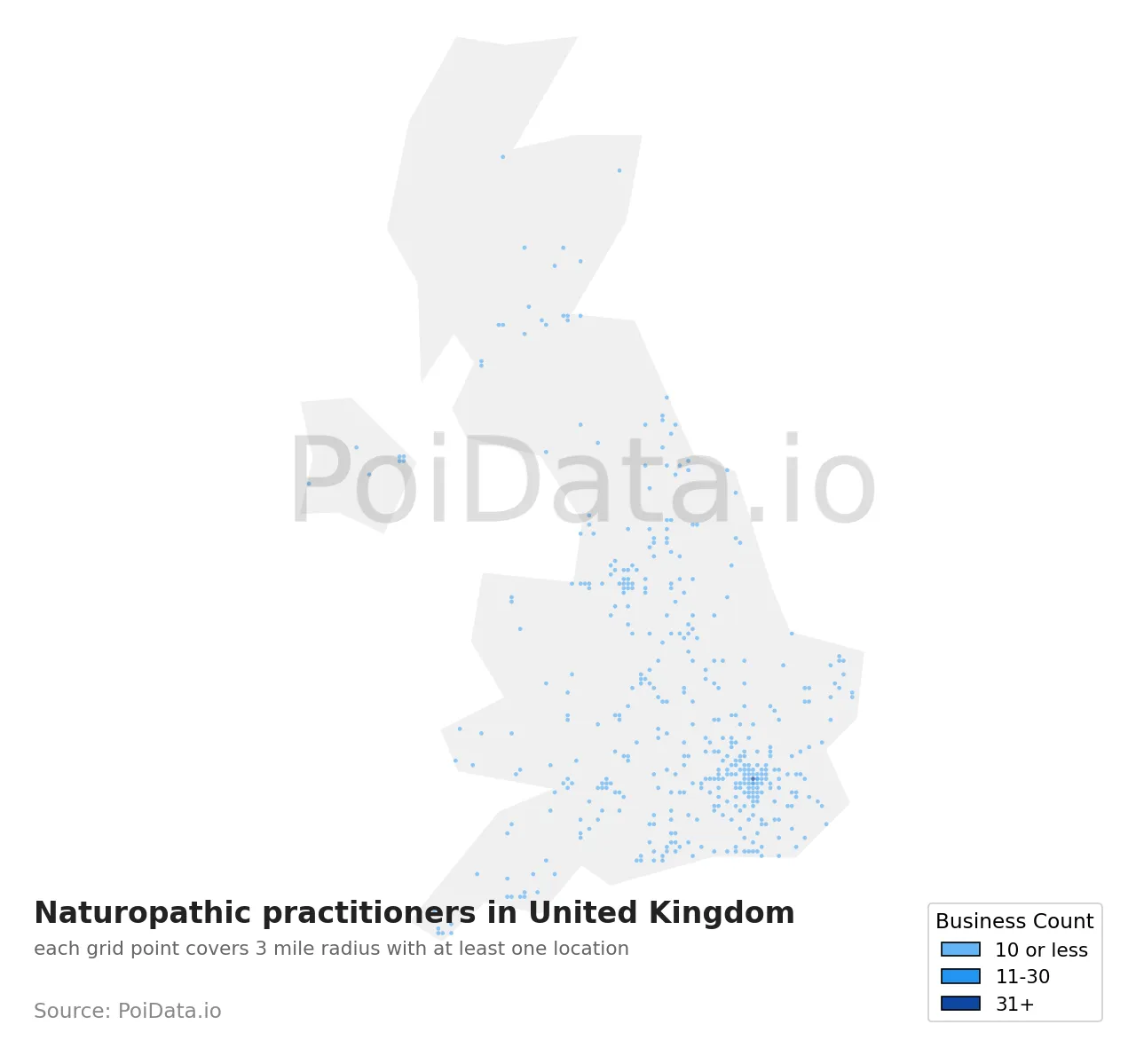 Naturopathic practitioner density map for United Kingdom