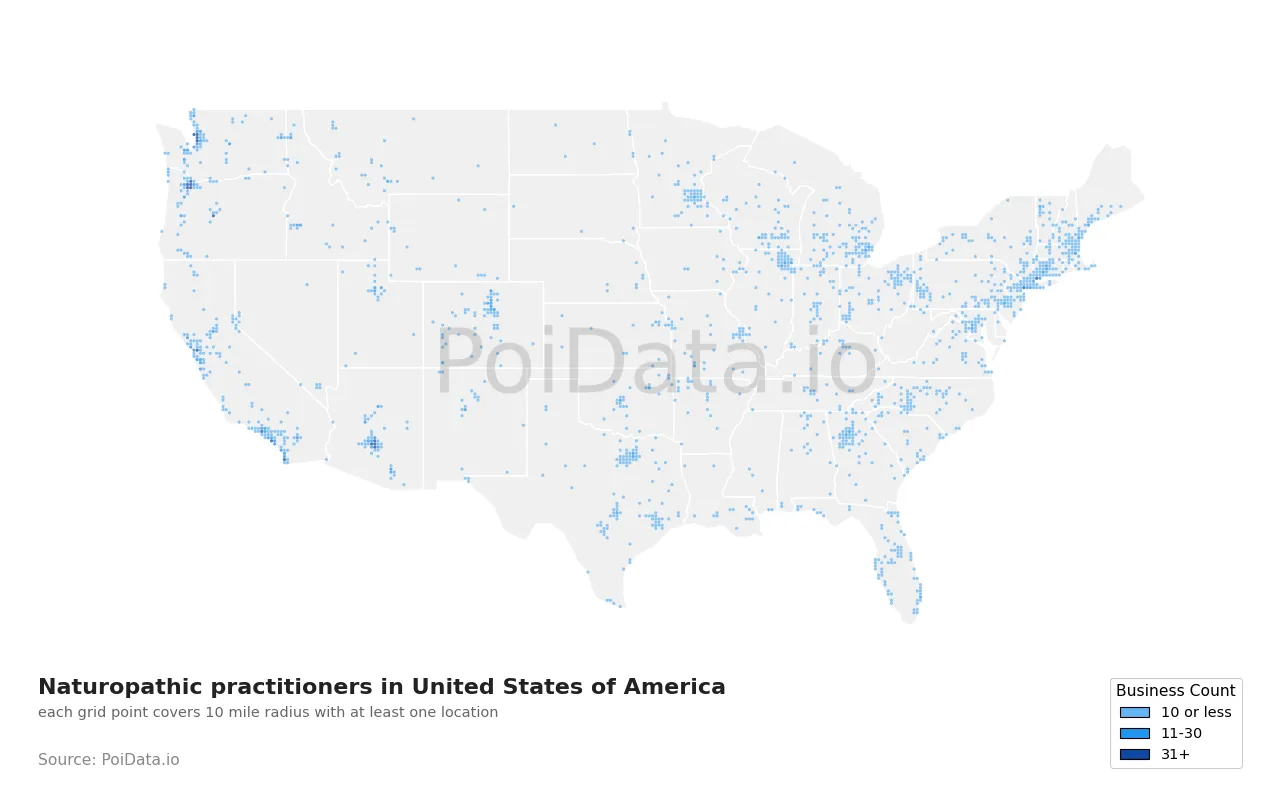 Naturopathic practitioner density map for United States