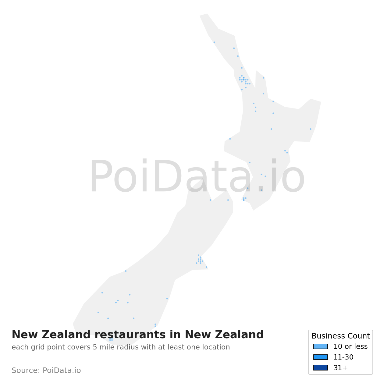 New Zealand restaurant density map for Southland Region, New Zealand