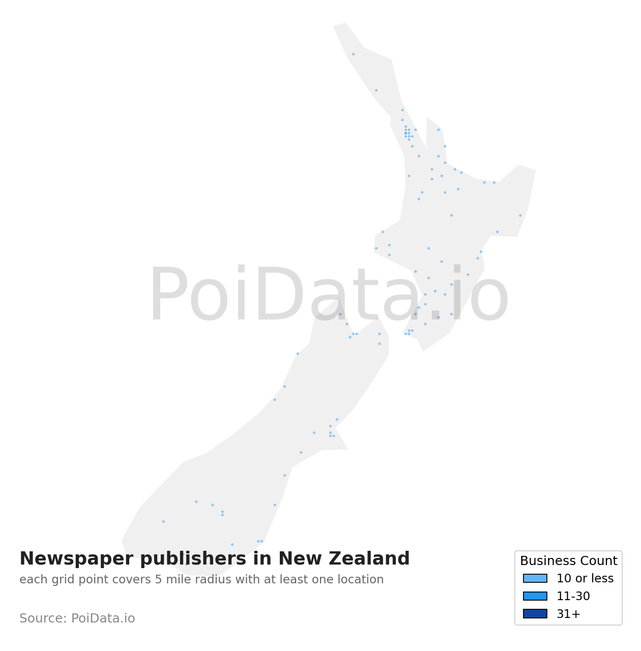 Newspaper publisher density map for New Zealand