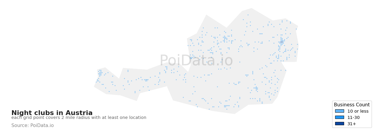 Night club density map for Austria
