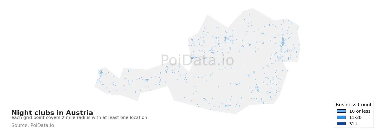 Night club density map for Austria