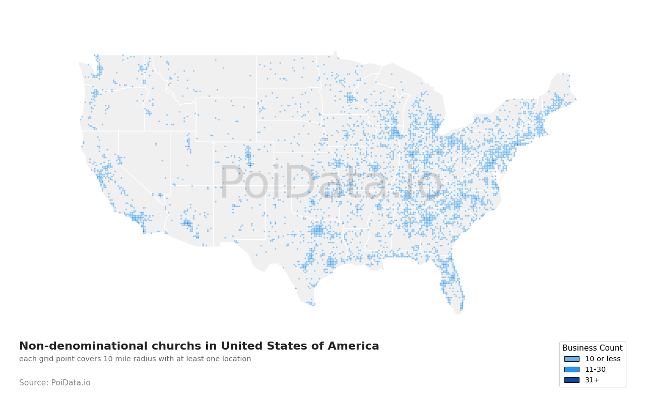 Non-denominational church density map for California, United States