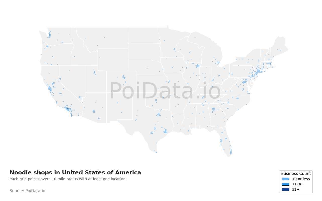 Noodle shop density map for United States