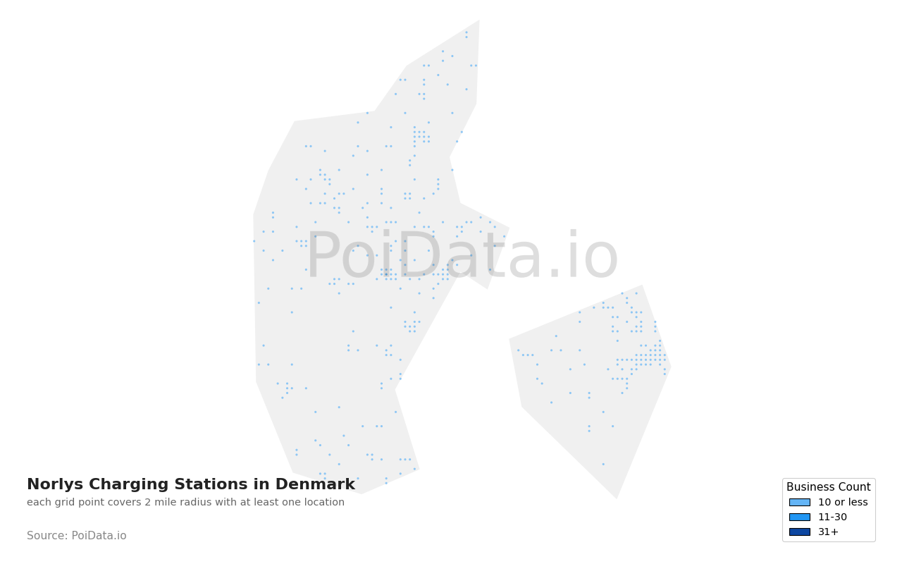 Norlys Charging Station density map for Denmark
