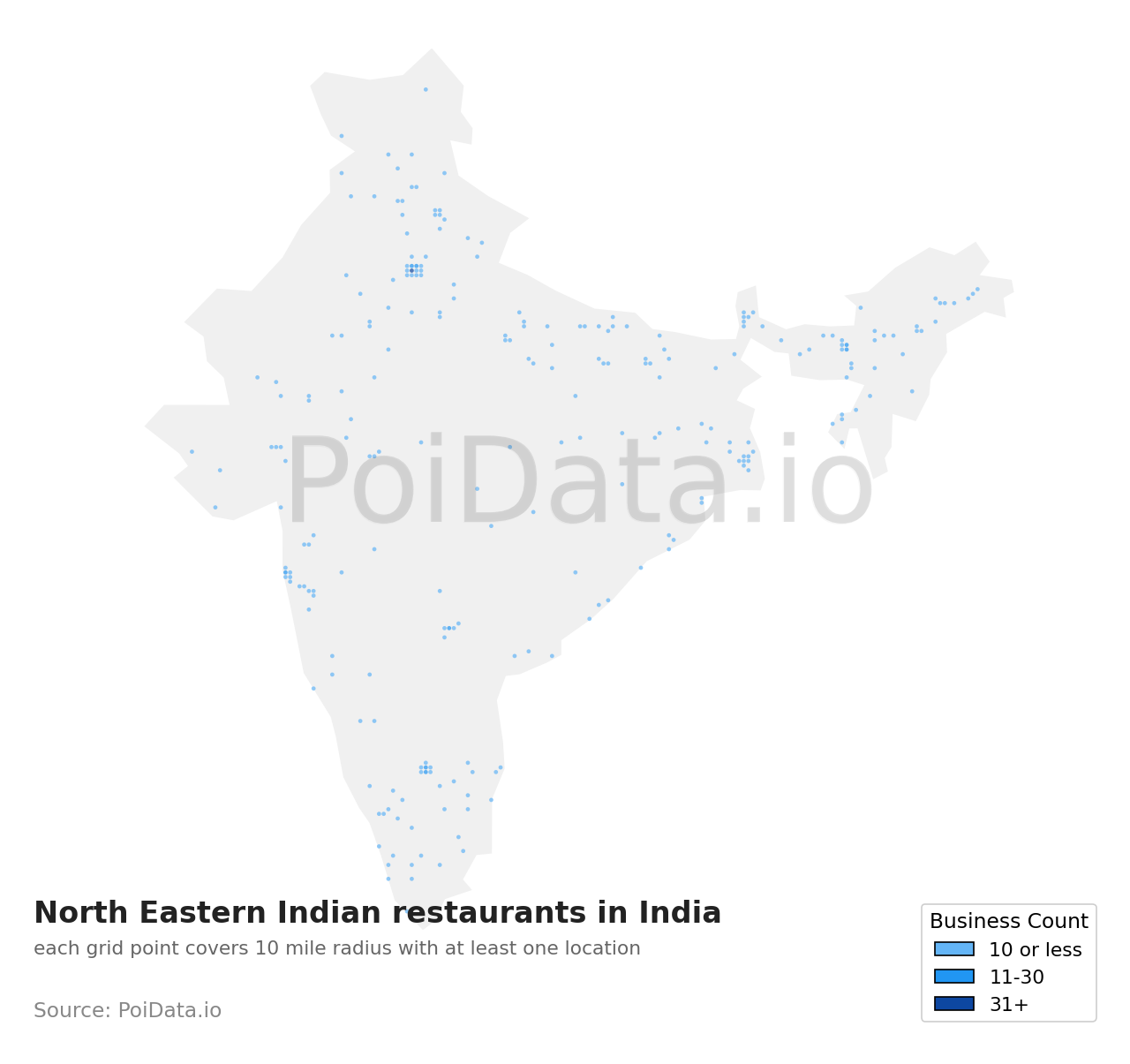 North Eastern Indian restaurant density map for India
