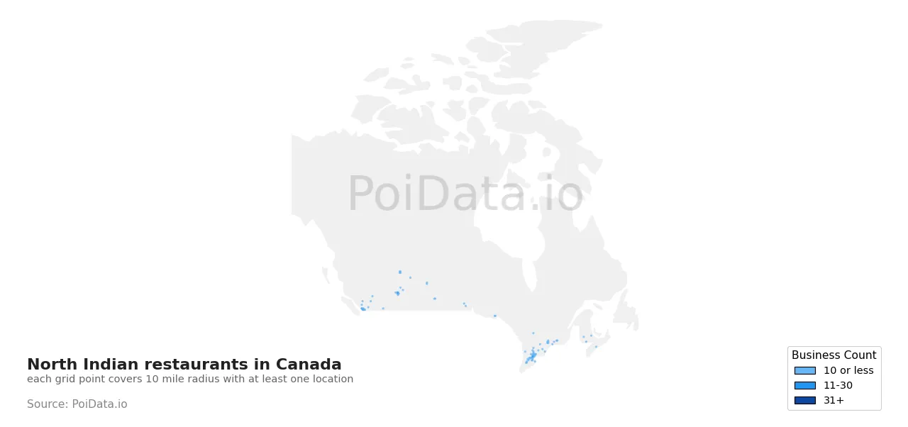North Indian restaurant density map for Canada