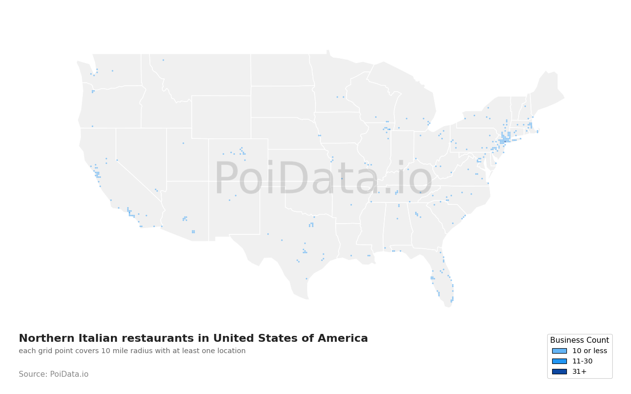 Northern Italian restaurant density map for United States