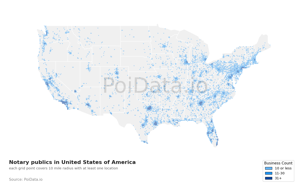 Notary public density map for United States