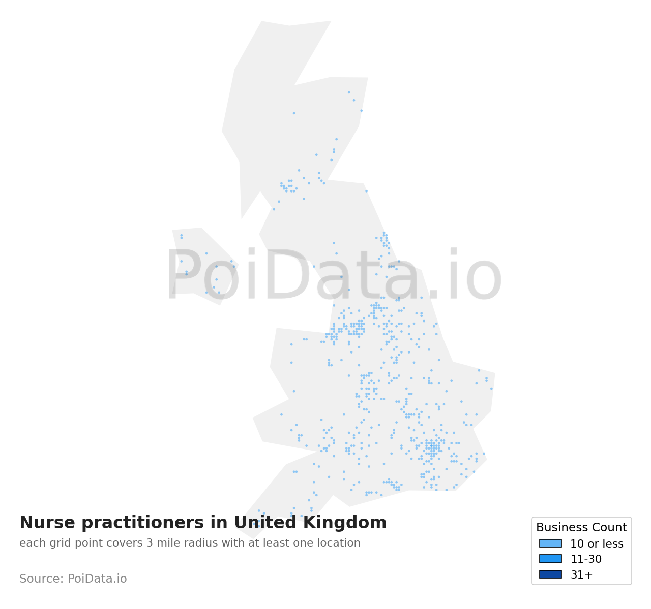 Nurse practitioner density map for United Kingdom