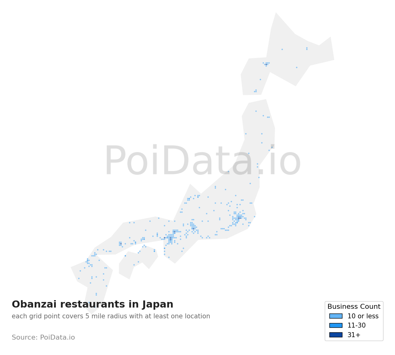 Obanzai restaurant density map for Aichi, Japan