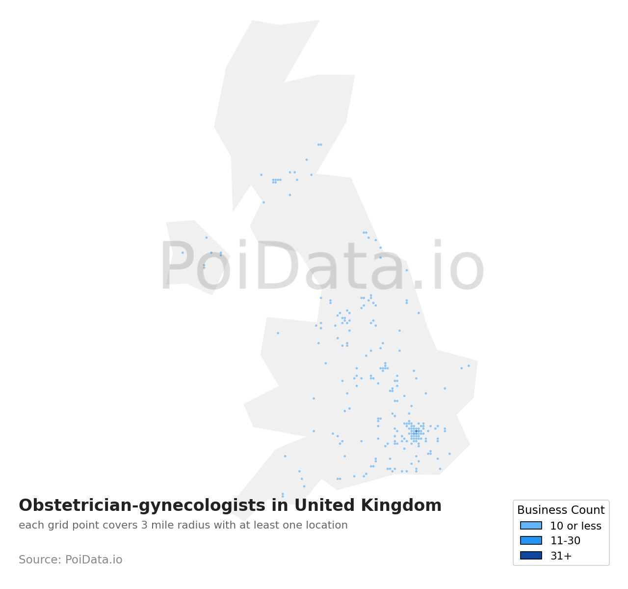 Obstetrician-gynecologist density map for United Kingdom